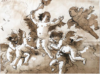 Giovanni Domenico Tiepolo: Putto mit brennender Fackel und fünf weiteren Putti in Wolken
Feder in Braun, braun laviert; 182 mm x 242 mm, Slg. Attilio Gadola
